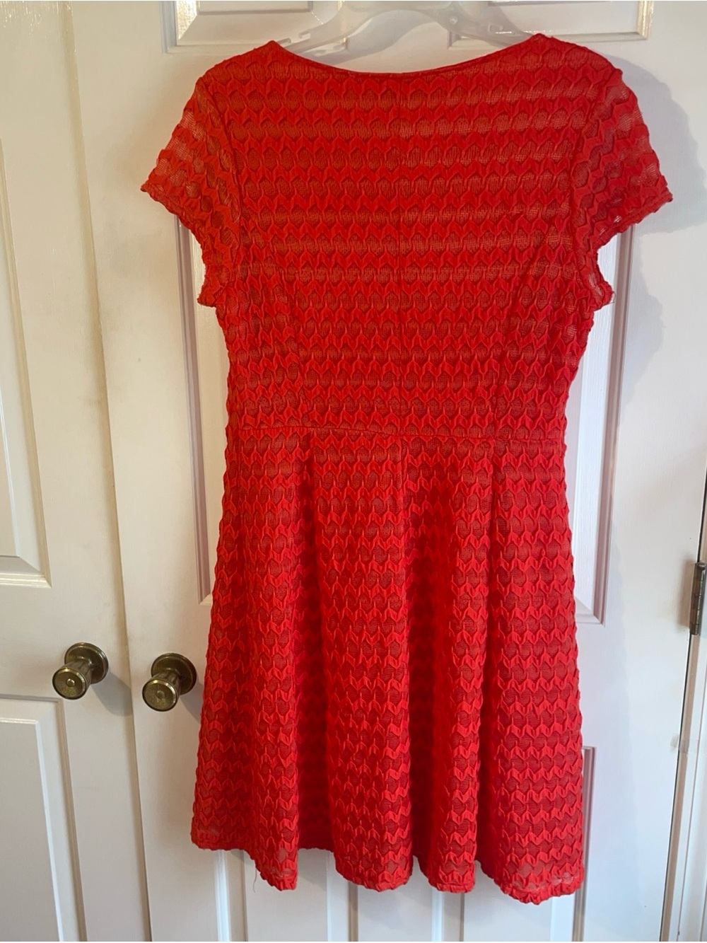 Sharagano Red Textured Short Sleeve Fit-and-Flare Dress